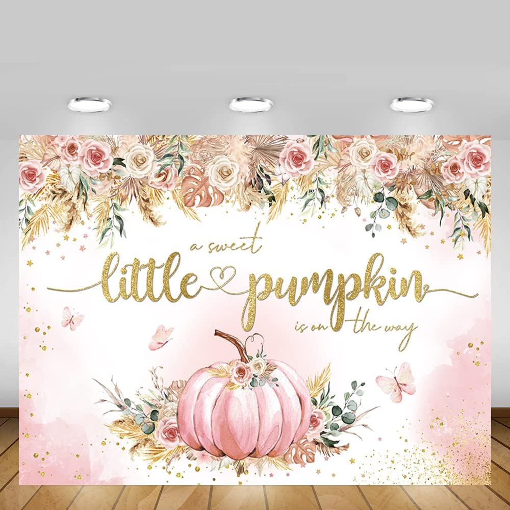 MEHOFOND Telón de fondo bohemio de calabaza de otoño de 7 x 5 pies para niñas, diseño floral rosa con texto en inglés “A Sweet Little Pumpkin Is On