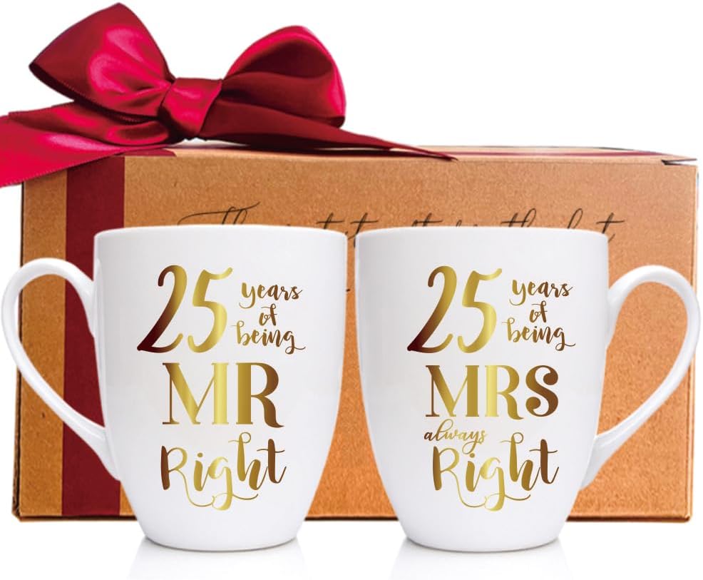 MNEDLAD Juego de 2 tazas de 25 años de aniversario de boda, 25 años de ser el señor y la señora siempre derecha, regalos de boda, tazas de café,