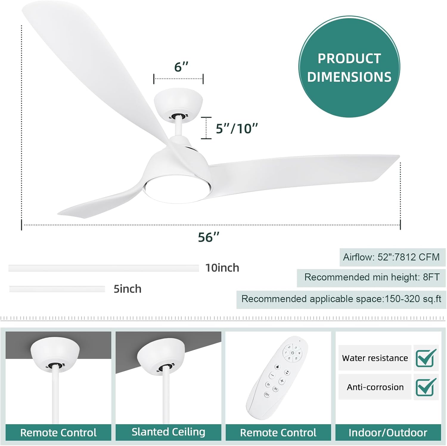 SODSEA Ventilador de techo con luces, ventilador de techo para exteriores de 56 pulgadas con control remoto, 3 aspas reversibles, regulable, 2