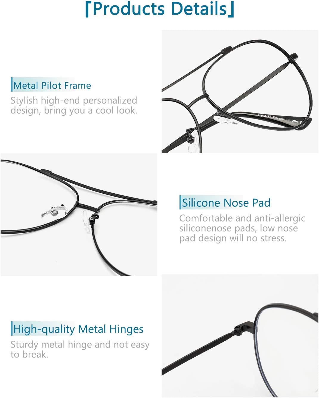 Cyxus Gafas de aviador elegantes con bloqueo de luz azul, gafas de computadora, antifatiga ocular, marco de metal