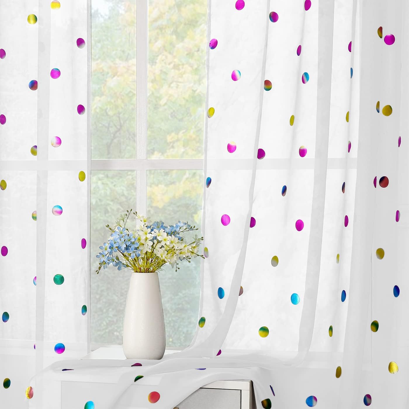 Urban Lotus Cortinas de cocina semitransparentes blancas para comedor de 45 pulgadas de largo, cortinas coloridas con estampado de lunares