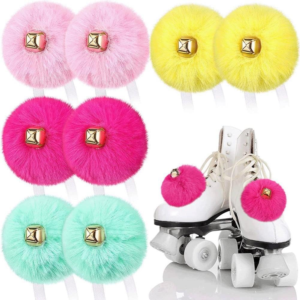 HOMU 2 pompones de patín con pompones de piel sintética para niñas y mujeres, con cascabeles y rodillos, con pompones y pompones de piel sintética,