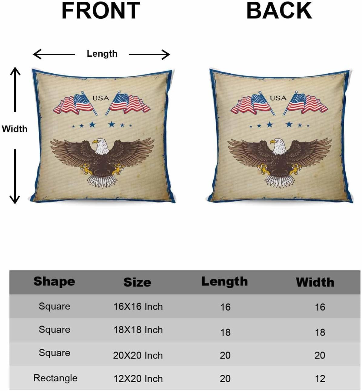 Paquete de 2 fundas de almohada decorativas de algodón, diseño patriótico de la bandera estadounidense, águila, 18 x 18 pulgadas, cuadradas,