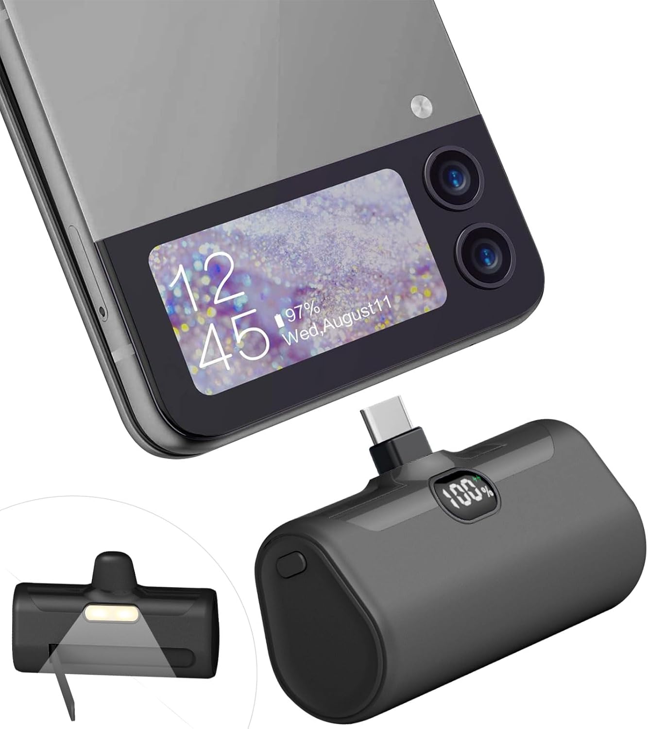 Cargador portátil pequeño USB C, 5000 mAh, ultra compacto, mini banco de energía integrado, soporte para teléfono y luz LED, pantalla LCD PD15W