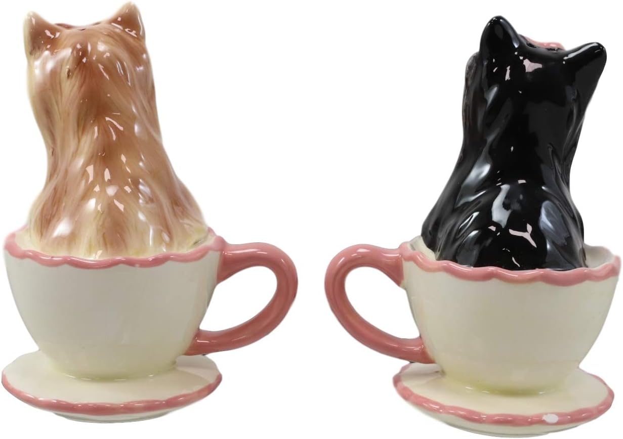 Ebros – Juego de salero y pimentero de cerámica de Yorkshire Terriers Yorkie de cerámica con tazas de té, juego de salero y pimentero, figuras de