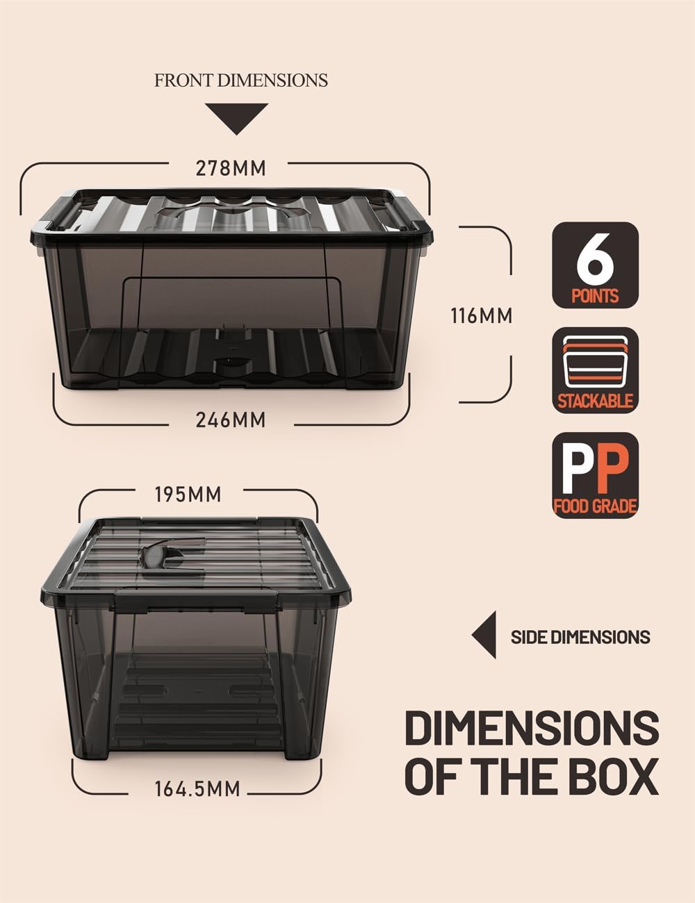 WYT Contenedor pequeño de plástico de 5 cuartos de galón con tapas seguras y hebillas de pestillo, organizador apilable duradero negro transparente,