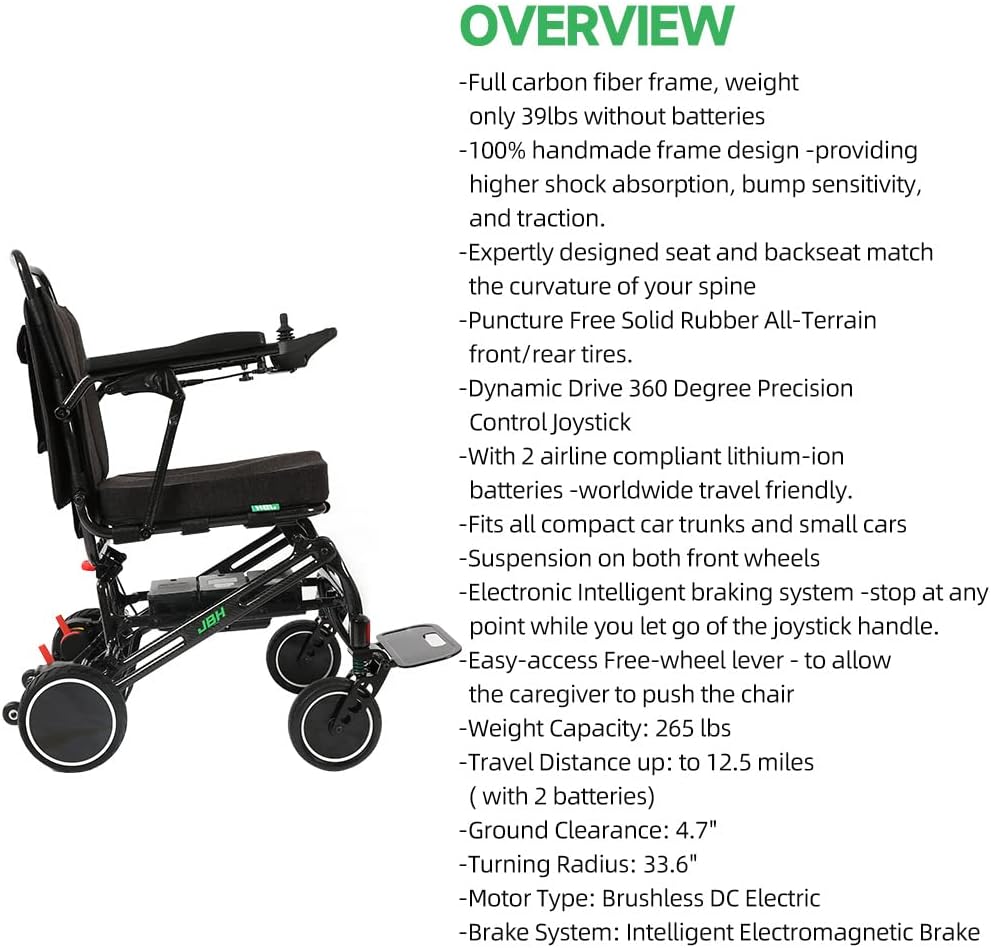 JBH Sillas de ruedas plegables de fibra de carbono súper ligeras de 39 libras, Silla de ruedas motorizada compacta, Silla de ruedas plegable