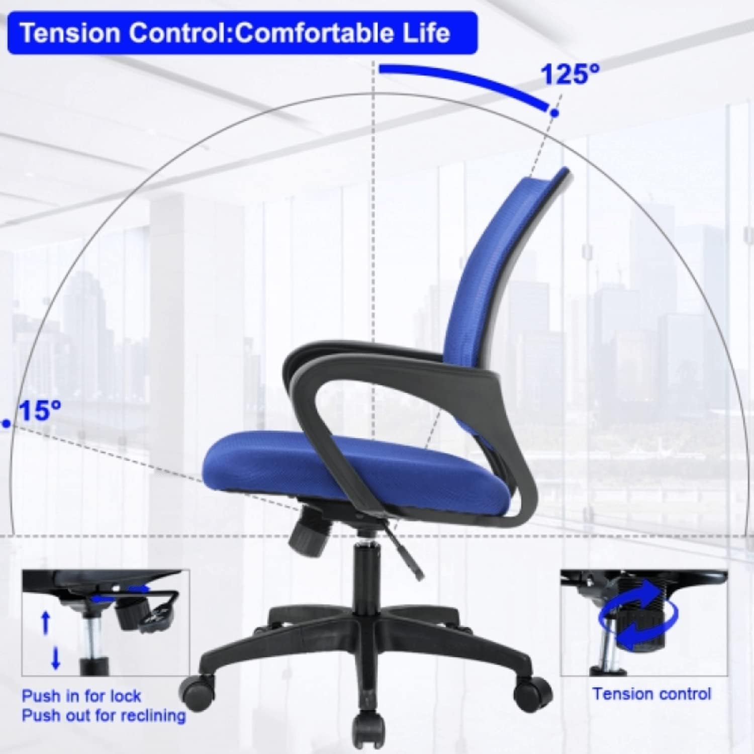 Silla de oficina en casa, silla ergonómica de malla, silla de escritorio para computadora con respaldo medio con soporte lumbar y reposabrazos,