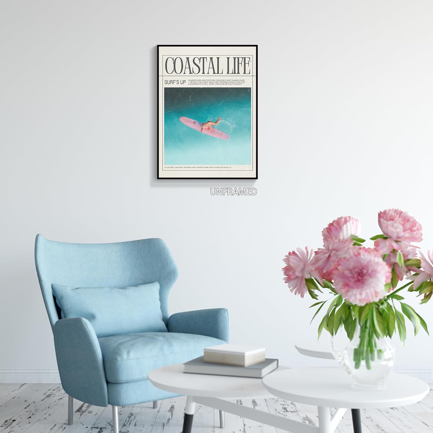 Nanxiwofee Lienzo decorativo para pared de niña surfista, póster para decoración de habitación de playa, tabla de surf, periódico, verano, playa,