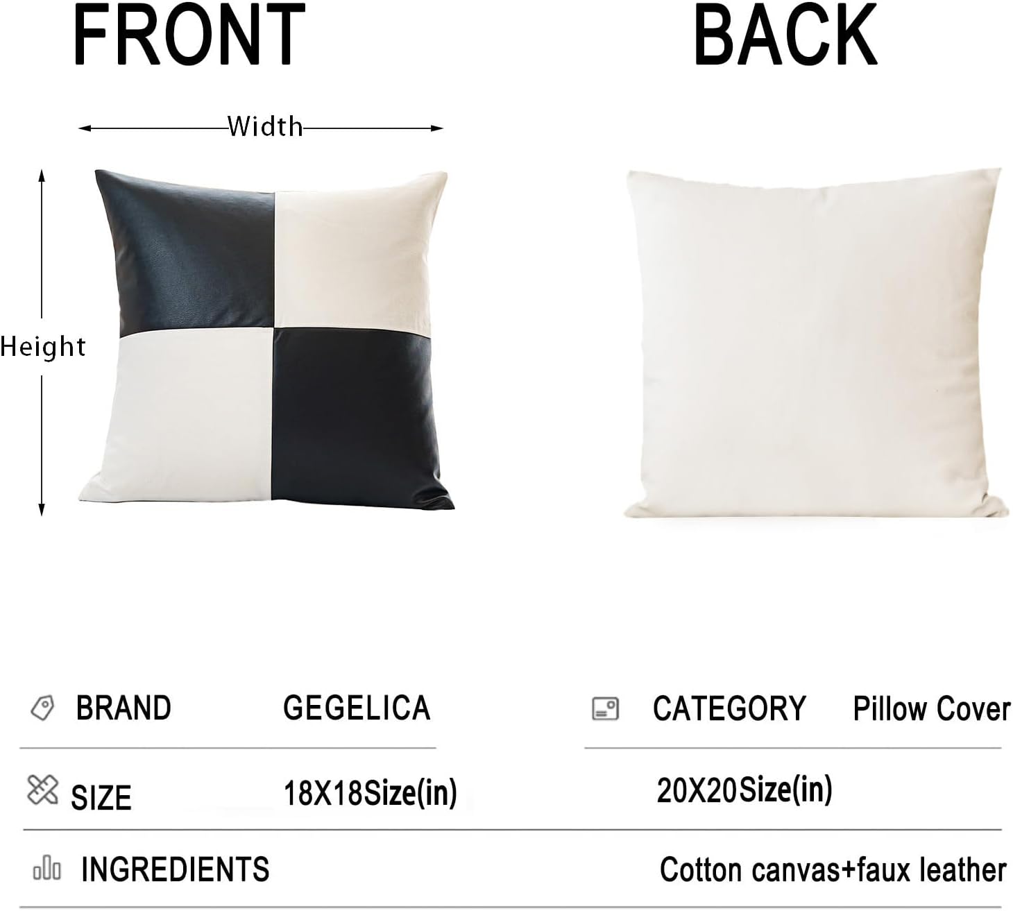 Juego de 2 fundas de almohada de lino con retazos de piel sintética negra, modernas, minimalistas, cuadradas, decorativas, bohemias, de 18 x 18