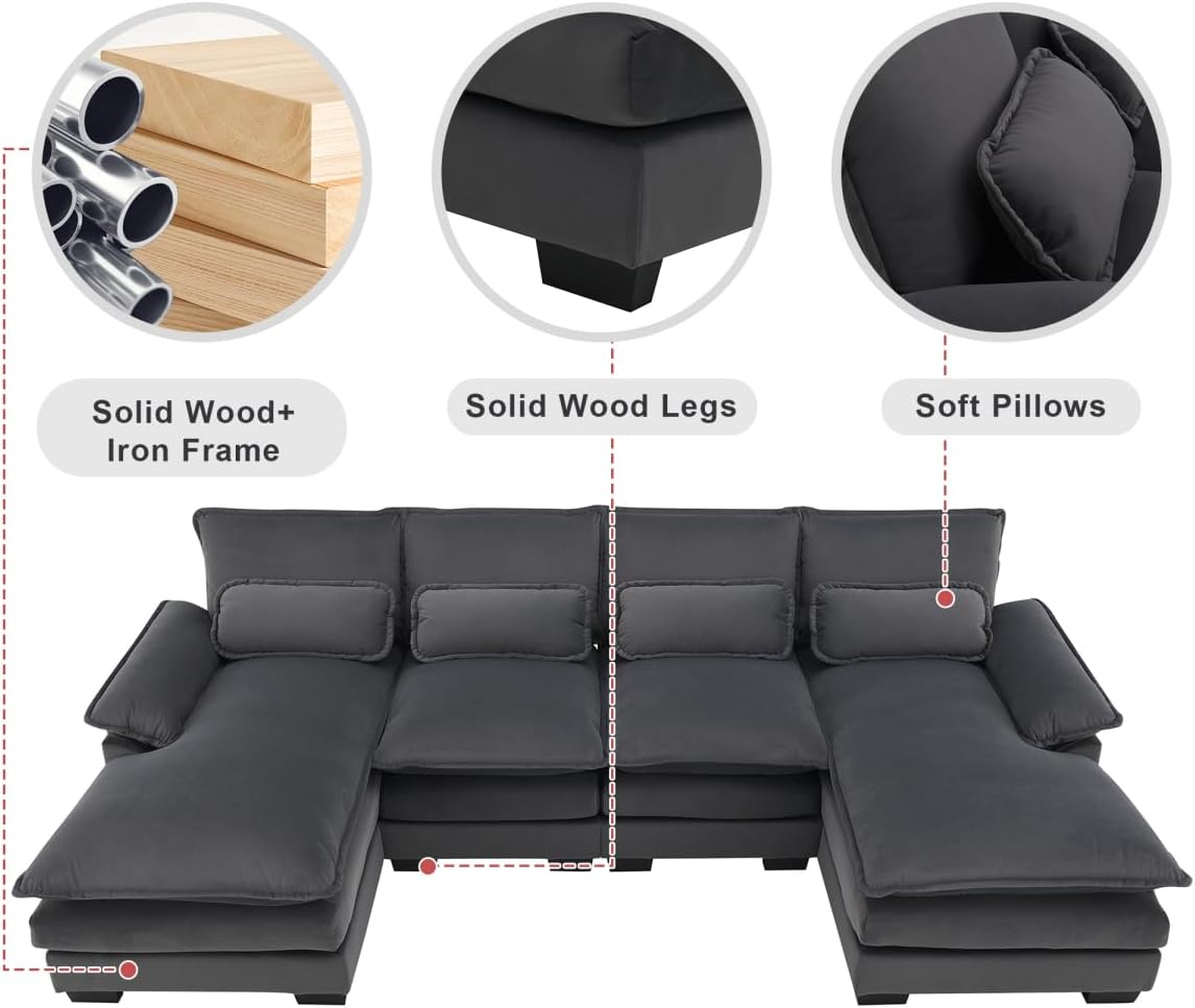 Sofá modular en forma de U de 109.8 pulgadas con almohadas para la cintura, sofá simétrico tapizado de 6 asientos, sofá cama con diván, color gris