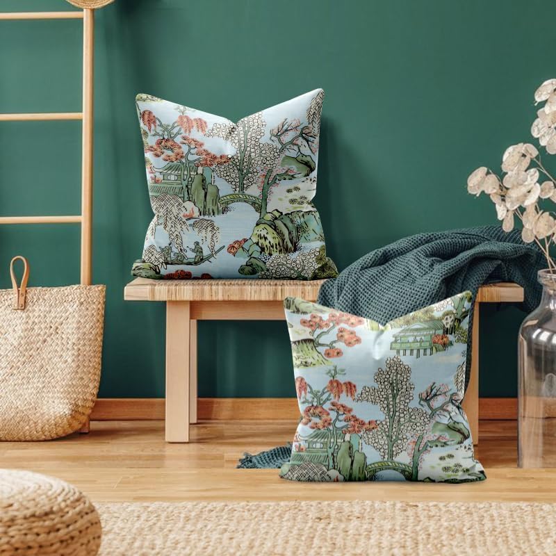 Chinoiserie – Juego de 2 fundas de almohada de 20 x 20 pulgadas, color azul y blanco, fundas de almohada decorativas de lino para exteriores, fundas