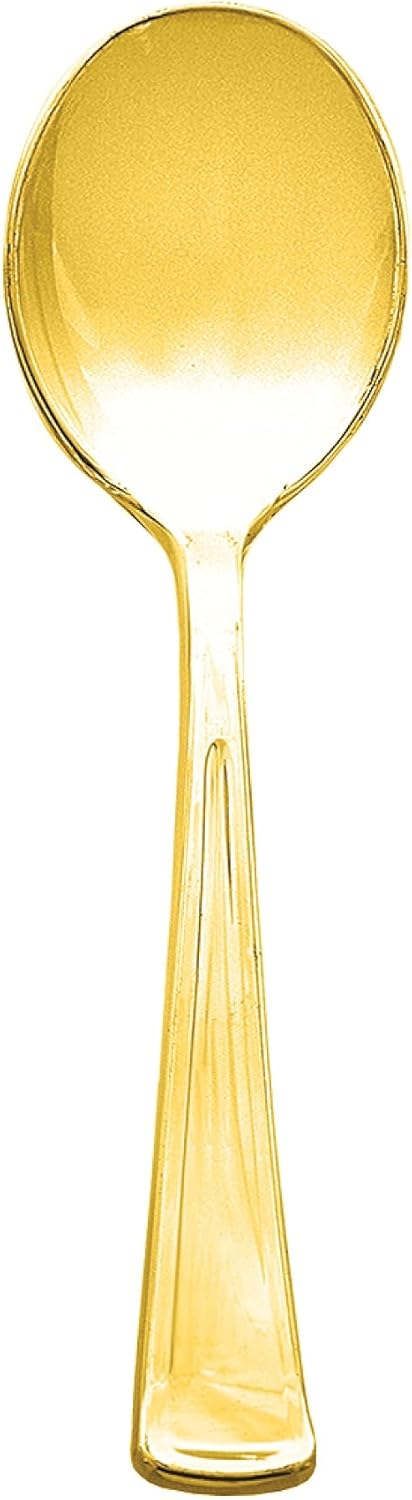 Party Essentials Cubiertos de plástico desechablescubiertos de alta resistencia para todos los eventos, 50 unidades, cucharas de sopa de oro