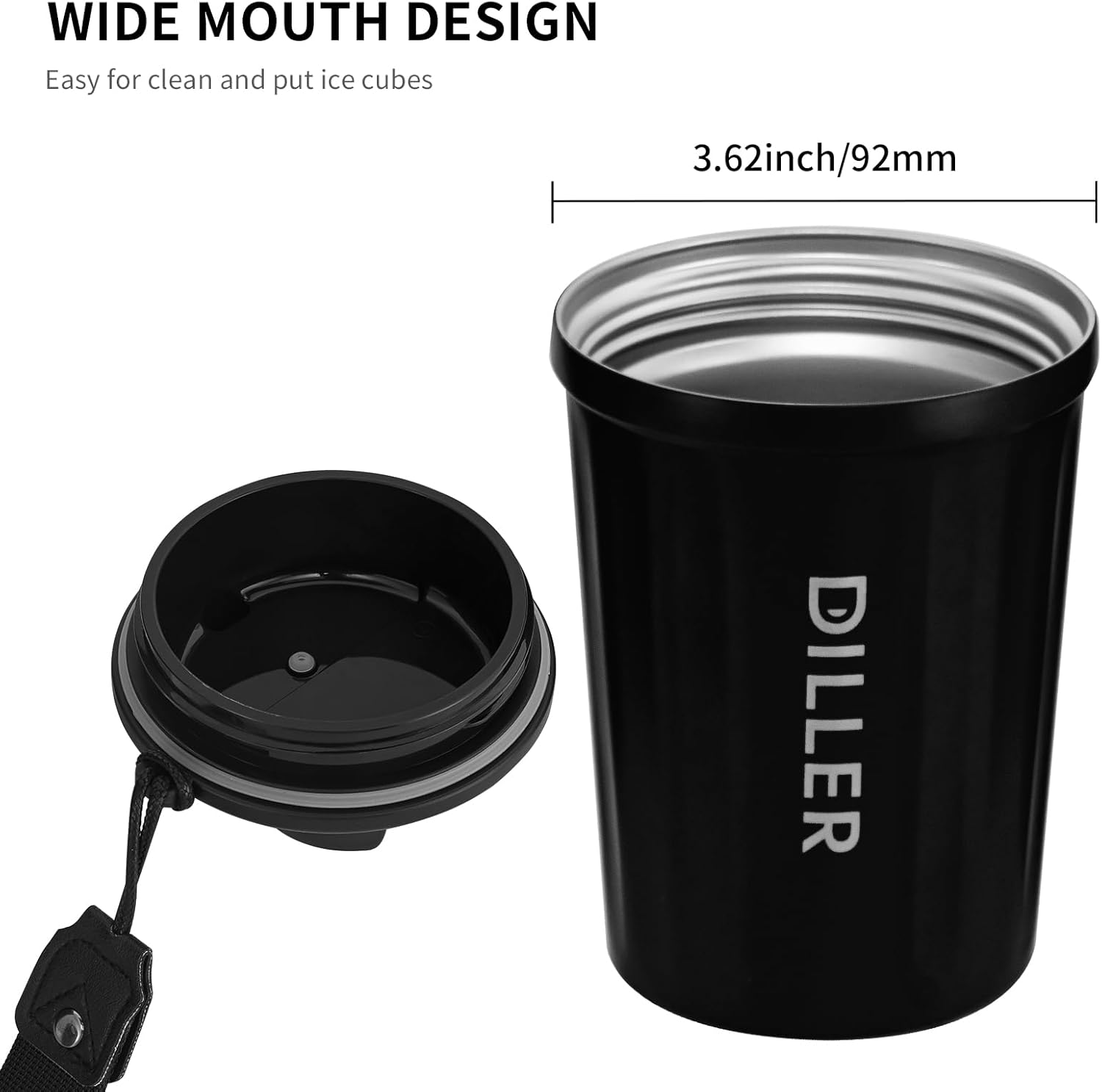 Diller Botella de agua aislada, taza de café aislada al vacío de 12 onzas con tapa, botella de agua térmica portátil de acero inoxidable para