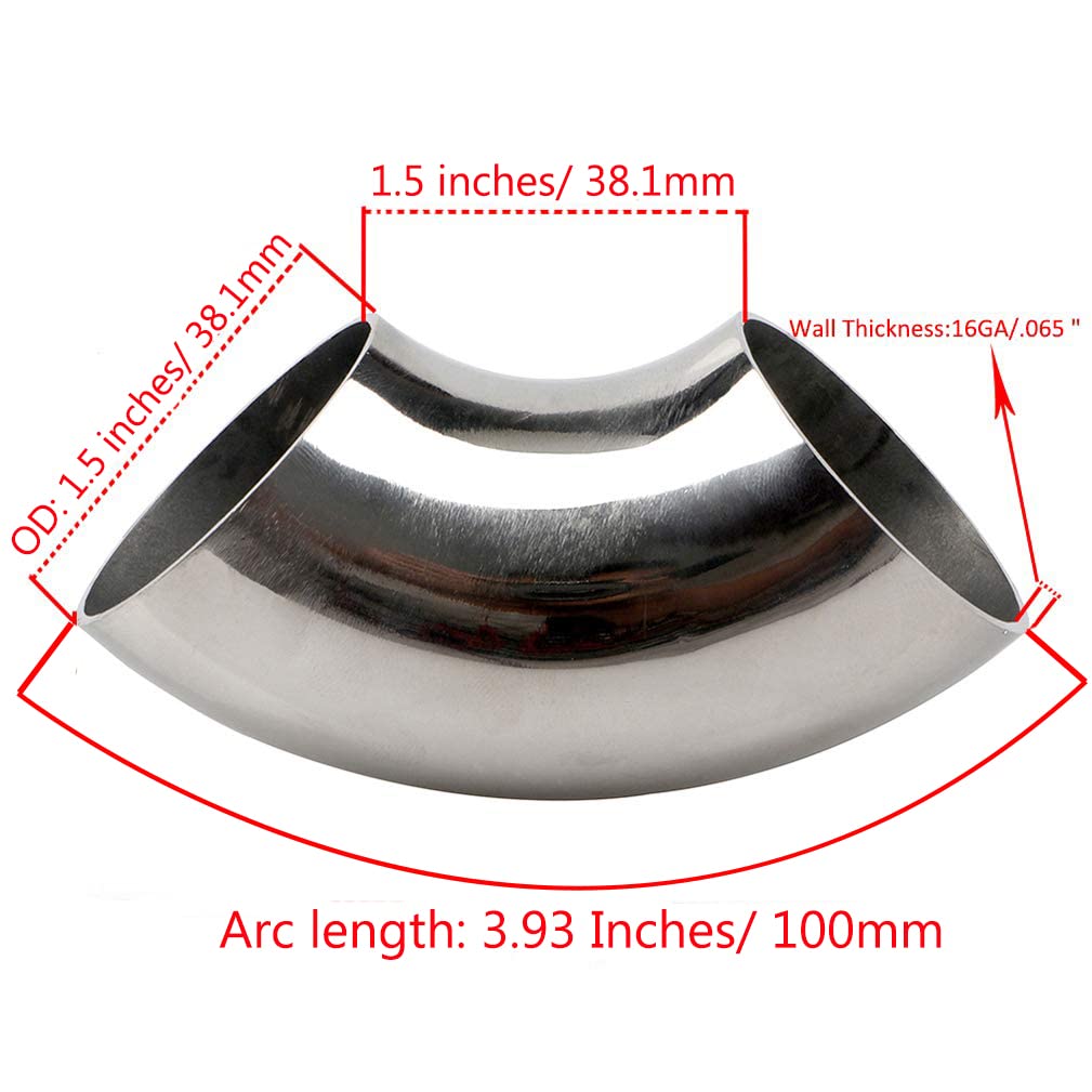Codo de tubo de escape de acero inoxidable de 1.5 “Codo de curva de mandril de 90  – espesor 16GA.065” Material de pared Tubo de escape SS304 para