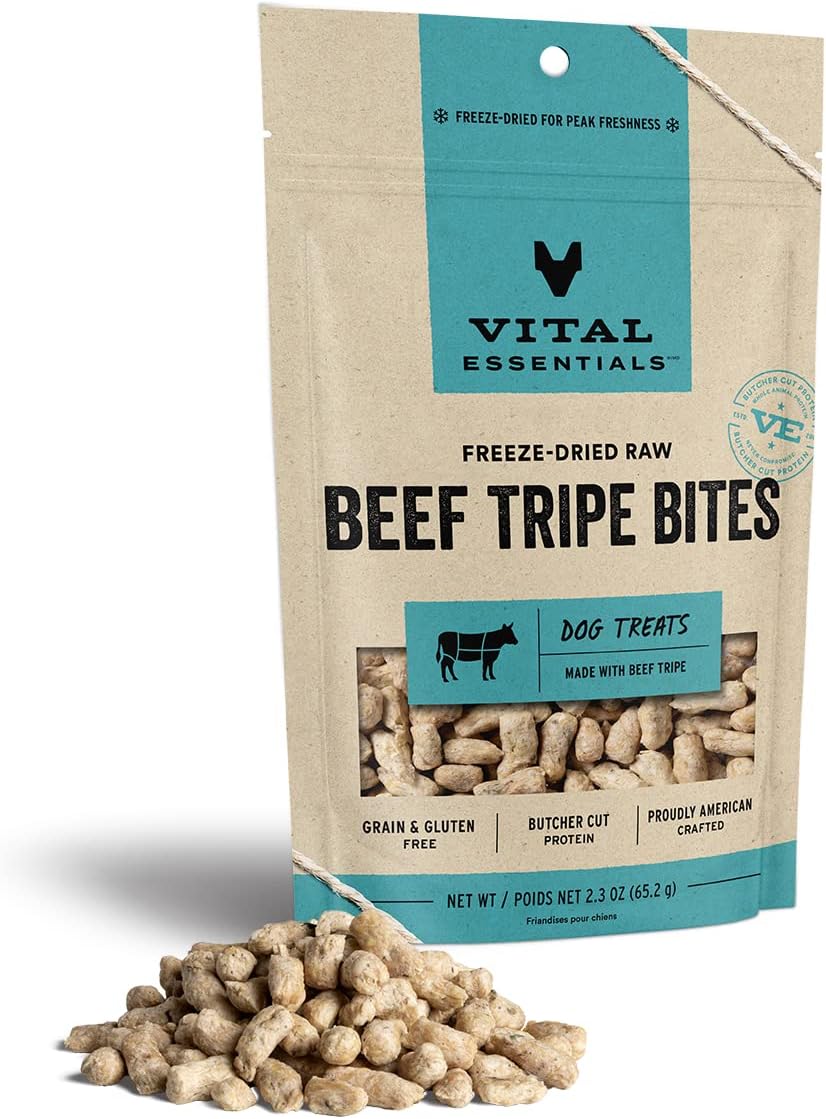 Vital Essentials Golosinas crudas liofilizadas para perros de un solo ingrediente, tripa de carne, 2.3 onzas