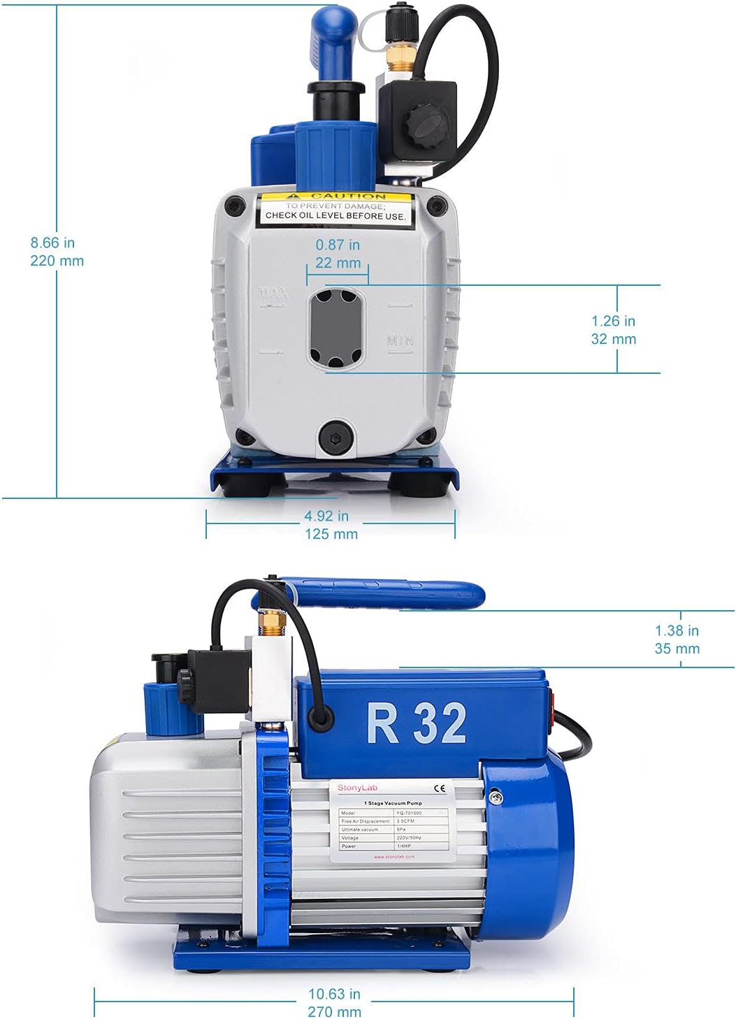 stonylab Bomba de vacío de paletas rotativas, 3.5 CFM 5 Pa  HP Bomba de vacío compacta de una sola etapa con válvula solenoide para herramienta de