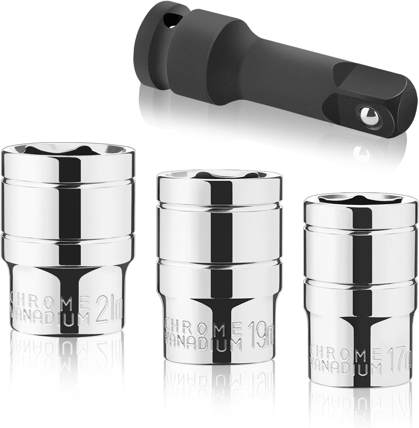 Juego de llaves de vaso de 12 pulgada poco profundas 4PCS-17, 19, 0.827 in, enchufe métrico estándar profesional de 6 puntos, zócalo cromado corto