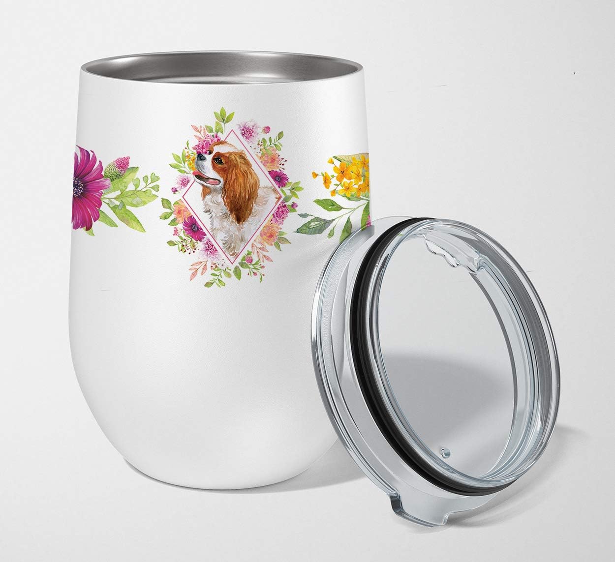 Caroline’s Treasures CK4126TBL12 Cavalier King Charles Spaniel – Vaso de vino aislado de acero inoxidable de 12 onzas con tapa, bonita taza de viaje
