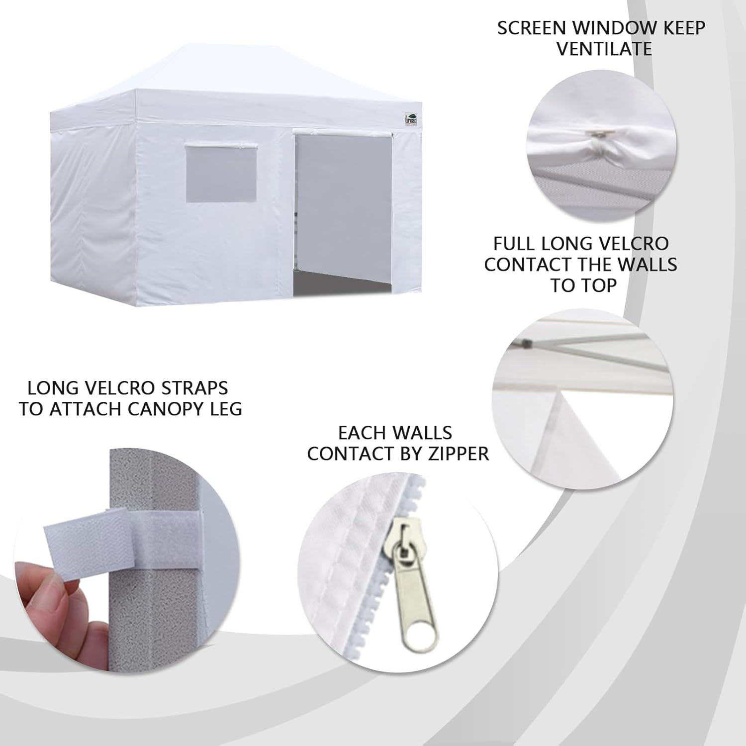 Eurmax – Kit de paredes con cierre para toldo de 10 x 20pies, con ventana de malla y puerta enrollables, solo 4 paredes (color blanco)