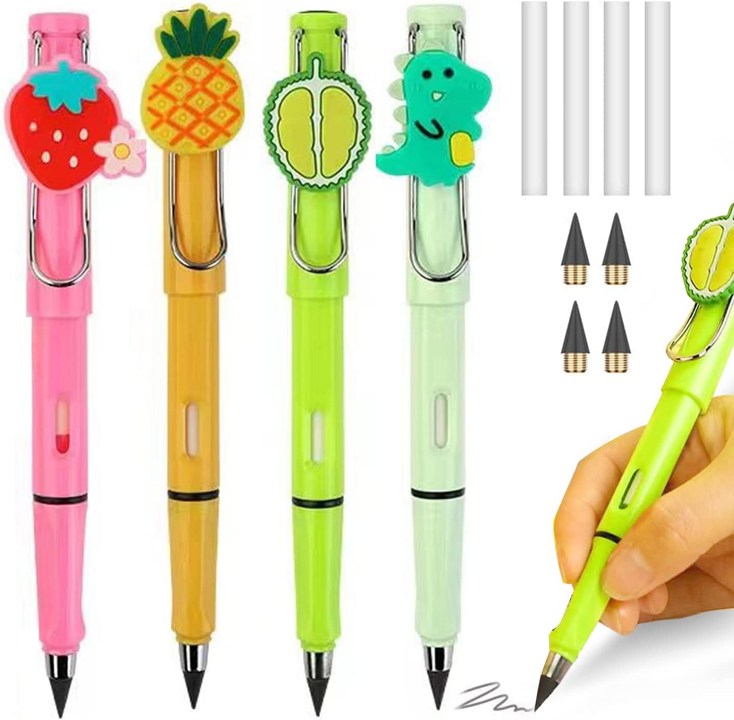 Lápices 4 lápices sin tinta de dibujos animados, infinito de dibujos animados eternos y 4 puntas de lápices de repuesto, lápiz ilimitado de dibujos