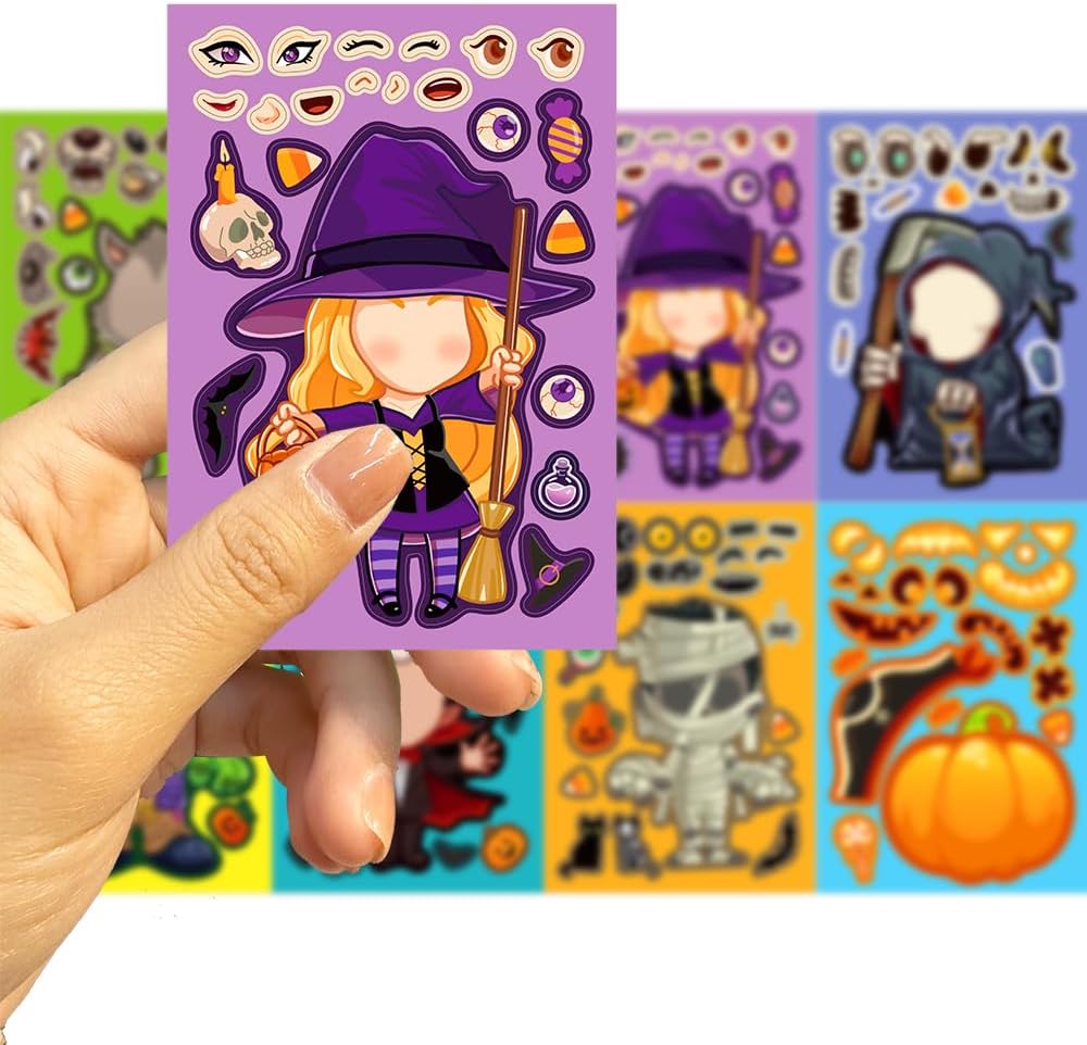 24 calcomanías de Halloween Make A Face para niños, fiesta de Halloween, juego de bricolaje, calcomanías para hacer tu propia calabaza, bruja,
