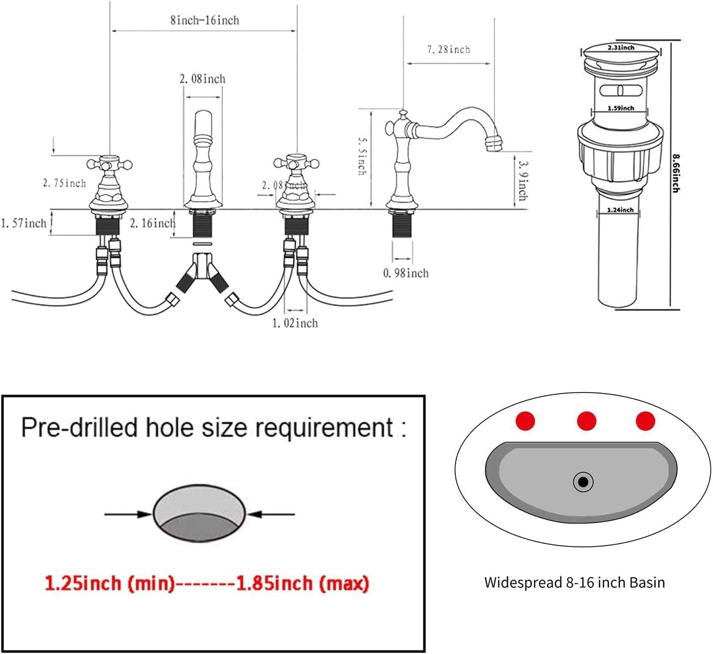 GGStudy Grifo de lavabo de baño con 2 asas, 3 agujeros, grifo de lavabo de oro pulido, manguera de suministro incluida de metal a juego con drenaje