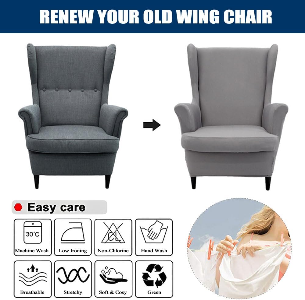 Funda para silla Wingback, 2 piezas, fundas para silla con respaldo de ala, lavables, elásticas, fundas para silla con respaldo de ala con brazos