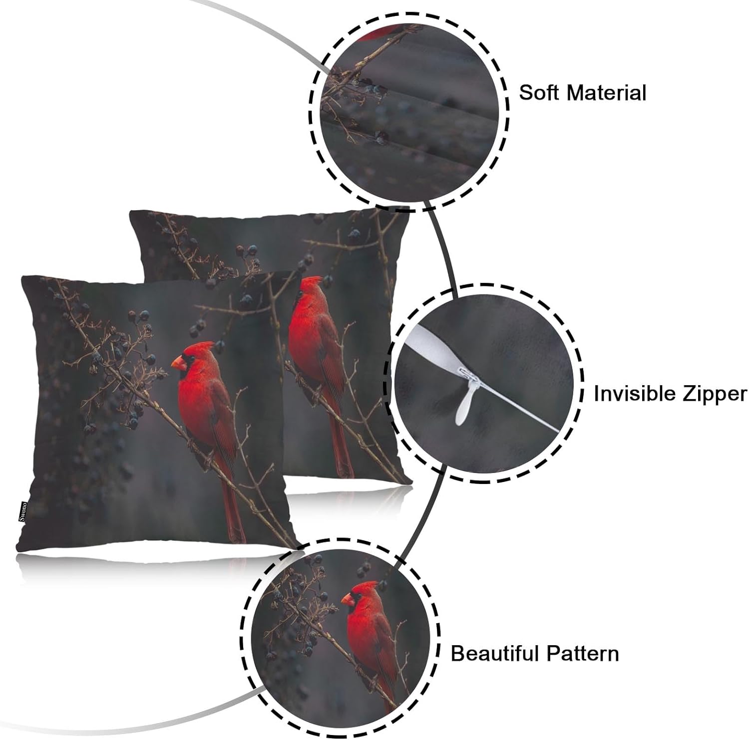 Swono Fundas de almohada de 18 x 18 pulgadas, color rojo cardenal, pájaro y bayas, fundas de cojín bohemias para sofá cama, funda de almohada