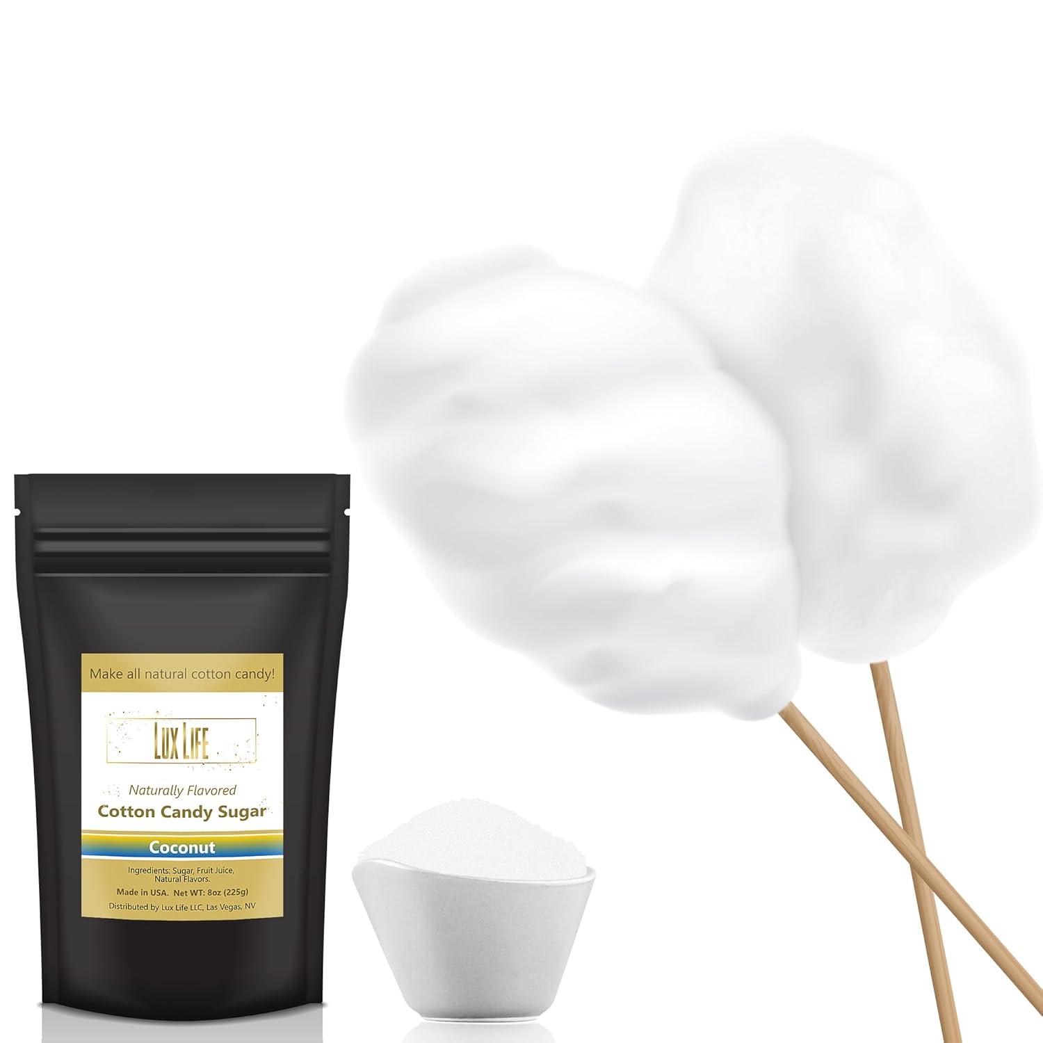 Lux Life All Natural – Azúcar de algodón de azúcar con sabor a azúcar fabricado en Estados Unidos para máquinas de algodón de azúcar (8 onzas, coco)