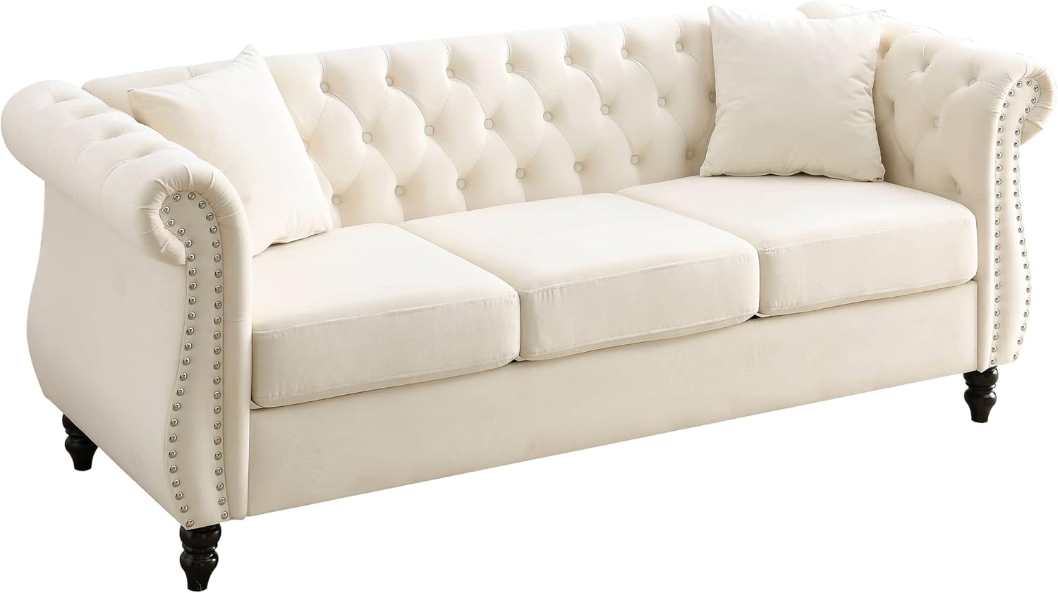 Sofá Chesterfield de terciopelo de 80 pulgadas, sofá de 3 plazas con dos almohadas, cabeza de clavos y brazos enrollados, sofá tapizado con respaldo