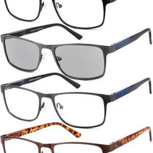 JJWELL Paquete de 4 lentes de lectura para hombres, bloqueo de luz azul, lectores de marco completo de metal para hombres, antifatiga ocular, JJWELL Paquete de 4 lentes de lectura para hombres, bloqueo de luz azul, lectores de marco completo de metal para hombres, antifatiga ocular,