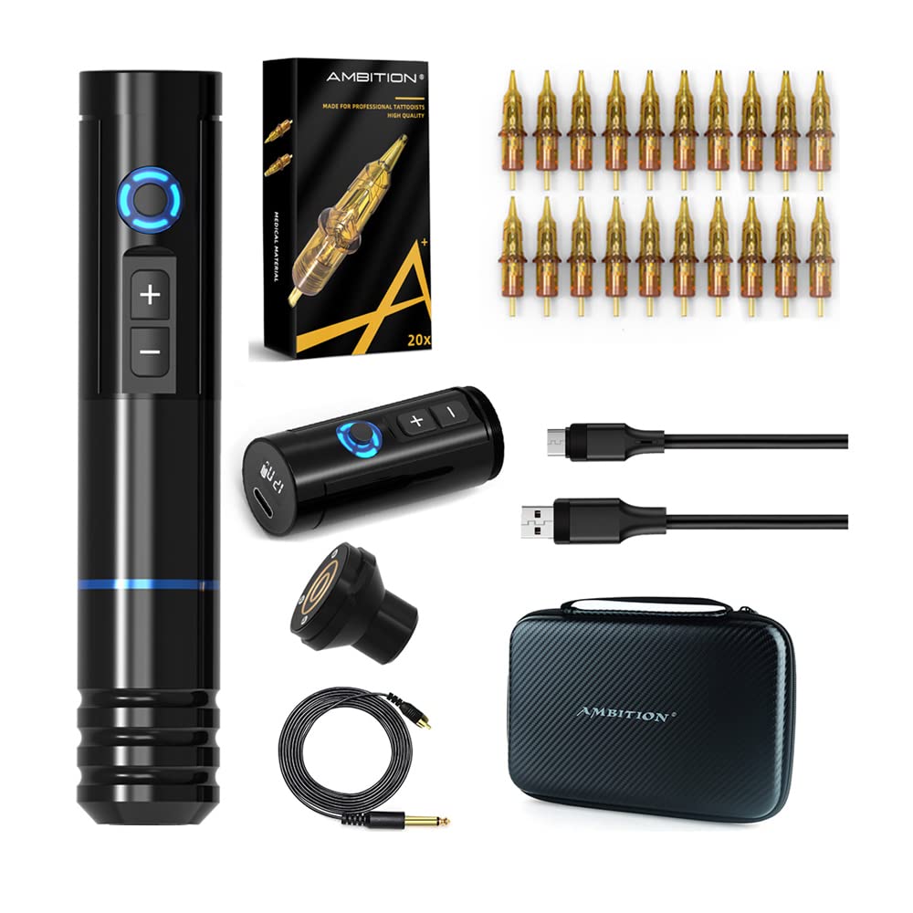 Ambition Kit completo de tatuaje máquina de tatuaje inalámbrica con 2 piezas de fuente de alimentación, motor sin núcleo, 20 piezas, cartucho de