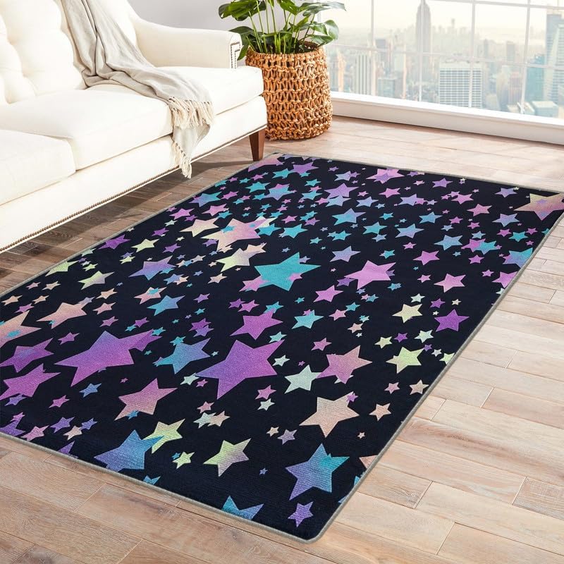 Alfombras de estrellas para dormitorio, sala de estar, alfombra colorida de 5 x 7 pies, lavable, antideslizante, suave, alfombra de área de pelo