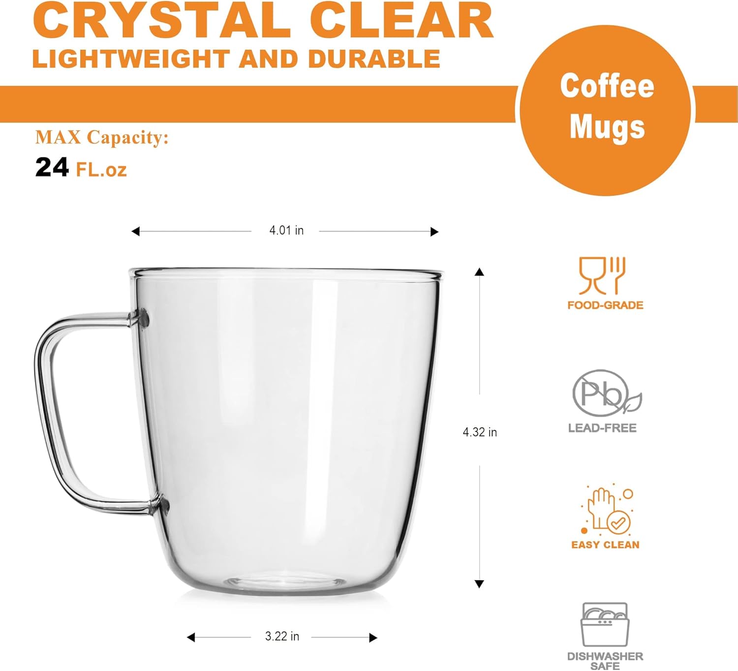 LUXU – Tazas de té de vidrio grandes y de alta calidad (juego de 2), 24 onzas, modernas y sencillas tazas de café o té de vidrio, de boca ancha,