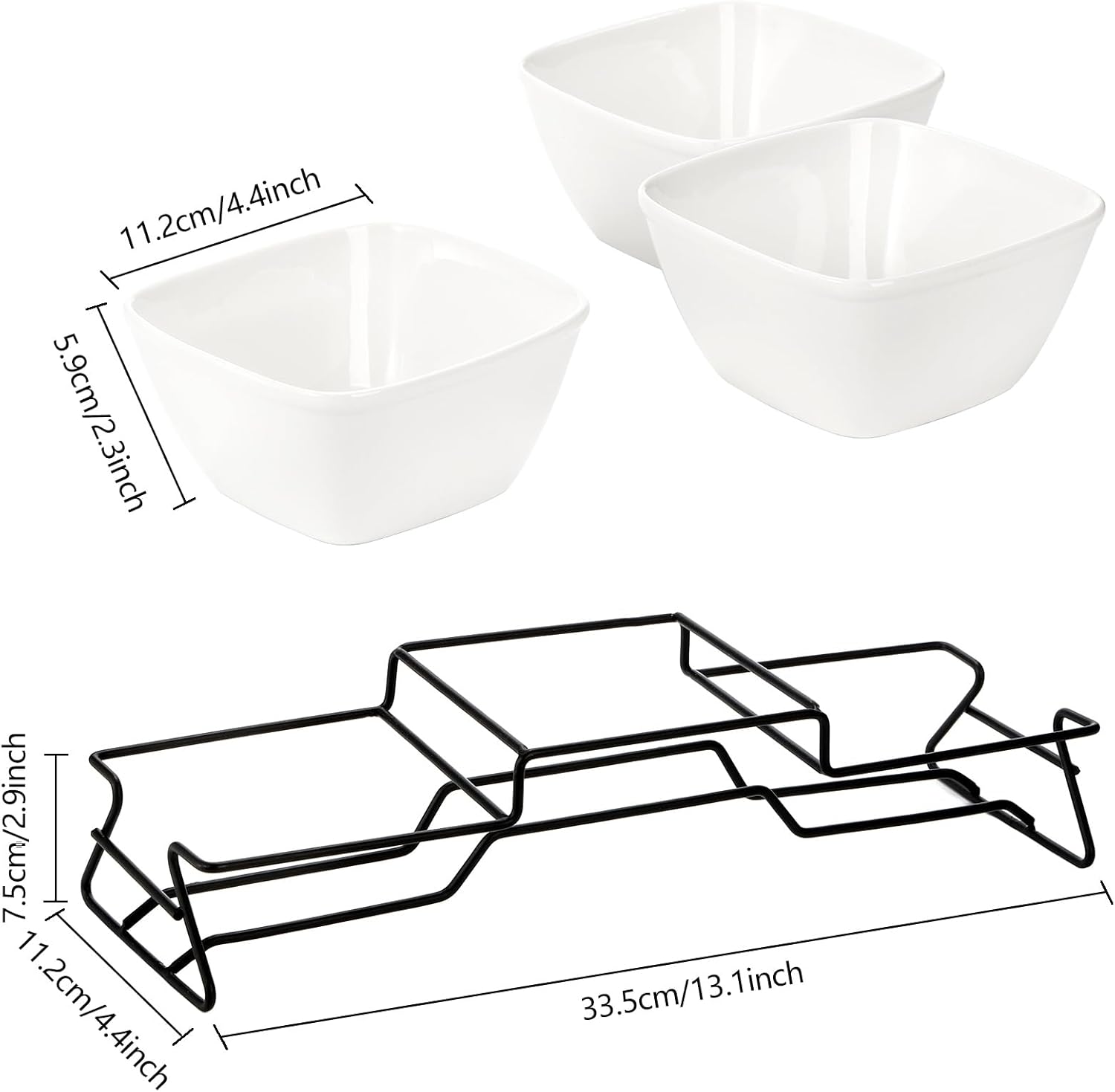 ZENFUN Juego de tazón cuadrado de 10 onzas, cuencos de ramekin de Pocelain con soporte de estante de metal, platos pequeños blancos, bandeja para