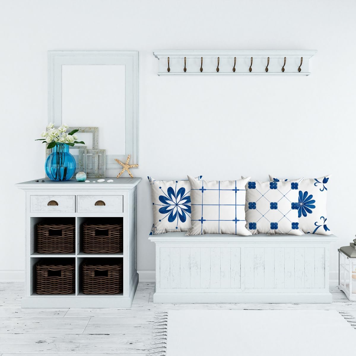 Juego de 4 fundas de almohada de arte mediterráneo, decoración de fundas de almohada de azulejos azules de 18 x 18 pulgadas, funda de almohada con