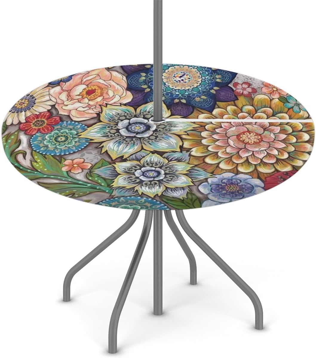 Mantel redondo para exteriores con agujero para paraguas, funda para mesa de patio con flores coloridas, impermeable, para fiestas y pícnics, apto