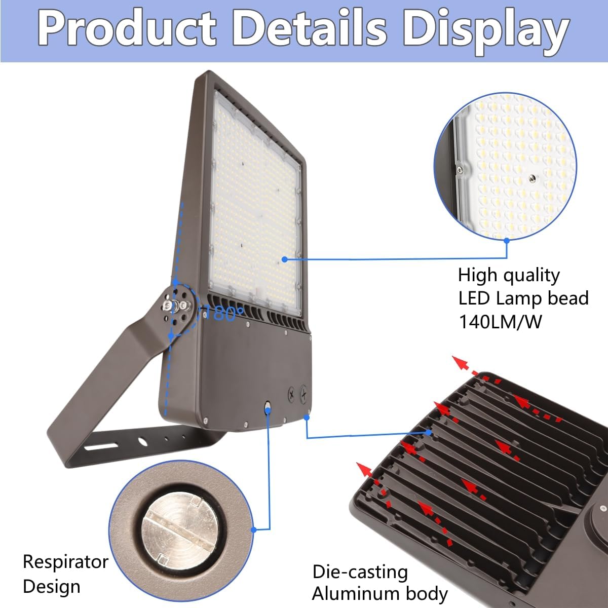 ununono Lámpara de inundación LED para exteriores de 300W, 0-10V regulable, 42,000LM (140LMW), luz diurna 5000K, 100-277V, IP65 UL impermeable