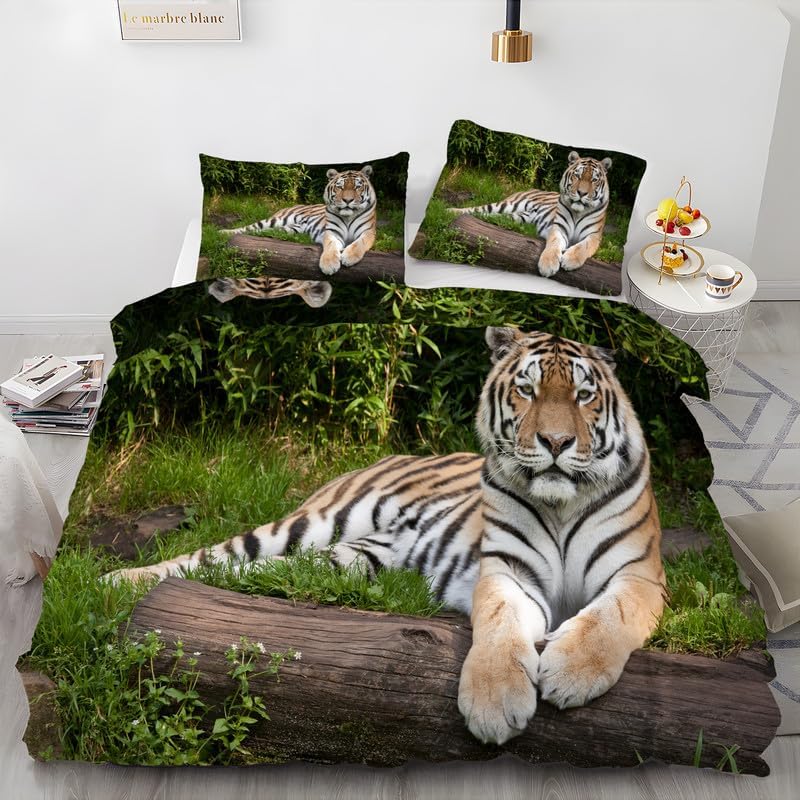 Green Animal King Duvet Cover Tiger Print King Bedding Set Soft Microfiber Comforter Cover and 2 Pillow Shams 20″X36″, Bed Set Duvet Covers with