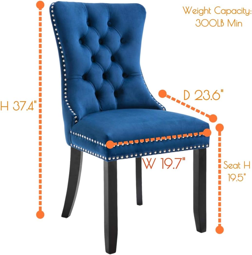 Juego de 2 sillas de comedor tapizadas con botones, juego de sillas de comedor de cocina con respaldo de alas y patas de madera maciza (azul, 1 par)