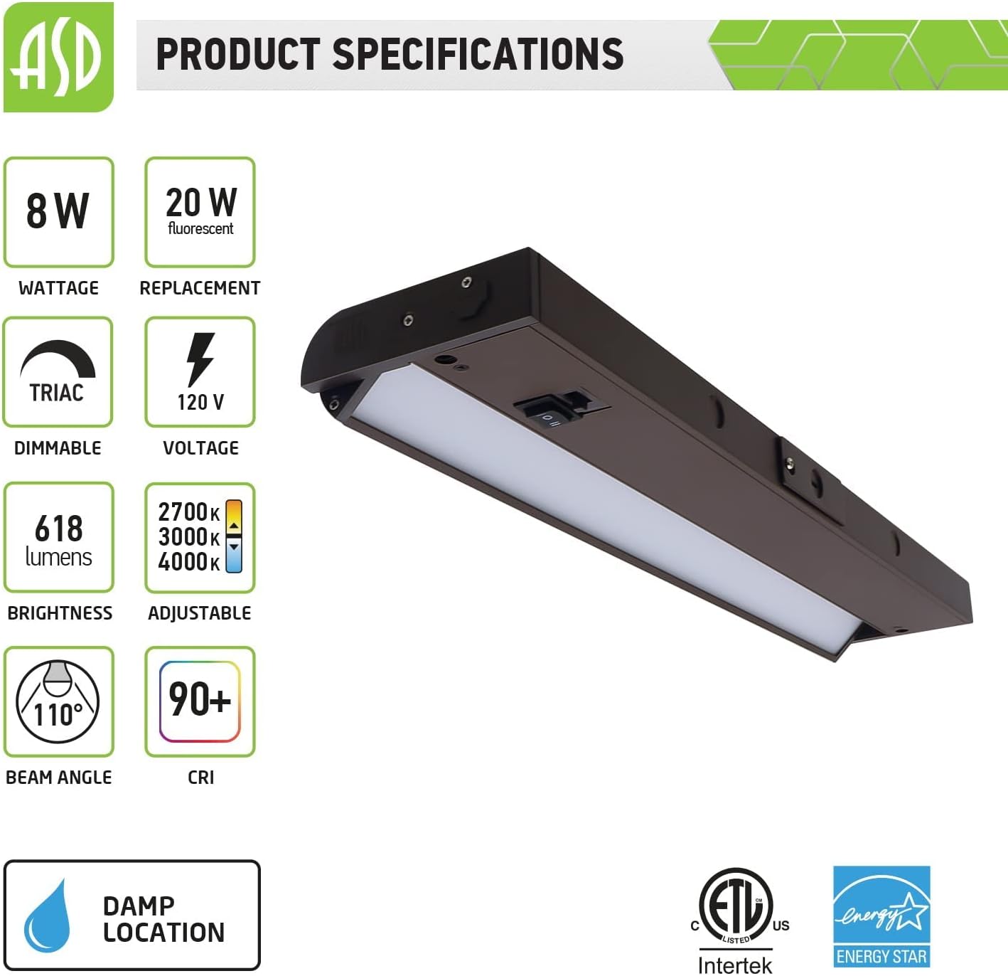 ASD Iluminación LED giratoria para debajo del gabinete, bronce de 18 pulgadas, 8 W, cableado o enchufable, 2700 K3000 K4000 K seleccionable, lente