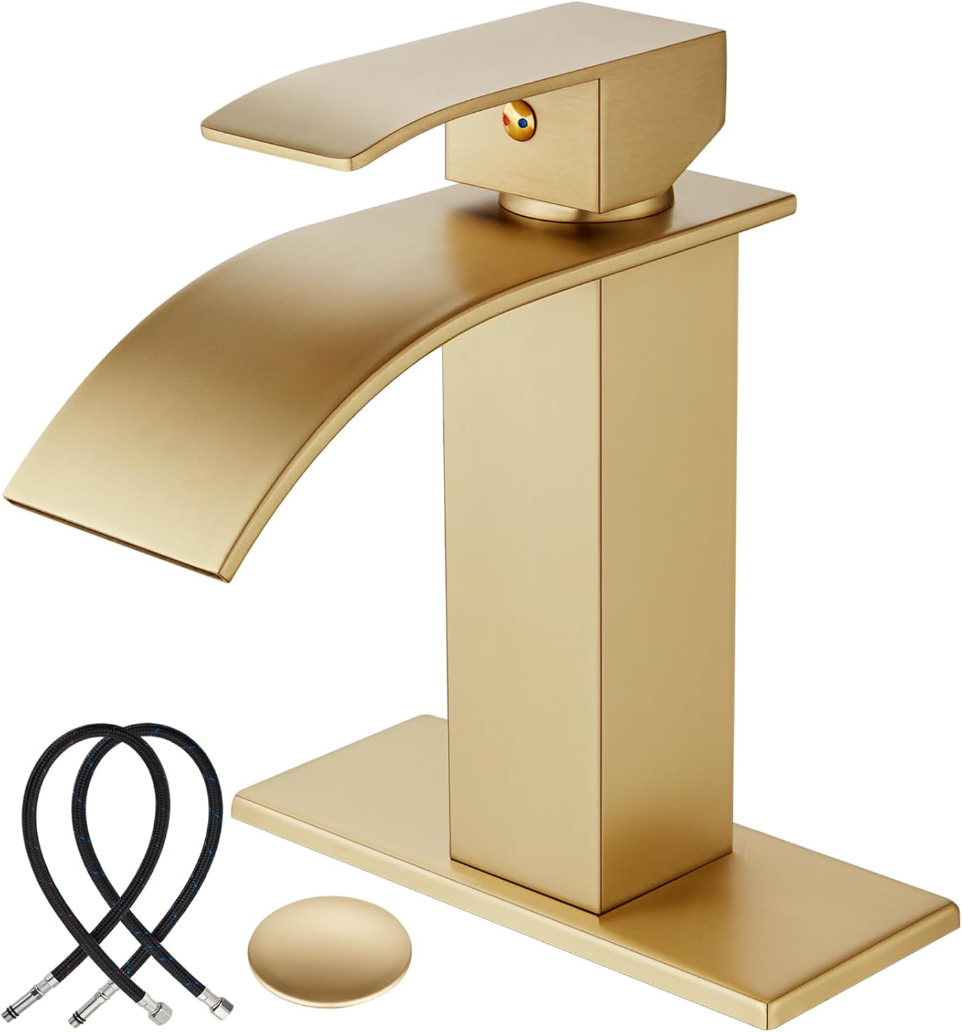 Midanya Grifo de lavabo de baño de oro cepillado, boquilla de cascada, mango único, 1 agujero, montaje en cubierta, grifo mezclador de lavabo