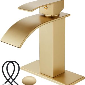 Midanya Grifo de lavabo de baño de oro cepillado, boquilla de cascada, mango único, 1 agujero, montaje en cubierta, grifo mezclador de lavabo Midanya Grifo de lavabo de baño de oro cepillado, boquilla de cascada, mango único, 1 agujero, montaje en cubierta, grifo mezclador de lavabo