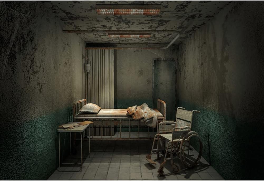 Yeele Telón de fondo aterrador de Halloween de 7 x 5 pies, decoración interior de sala de hospital, cama andrajosa y silla de ruedas, decoración de