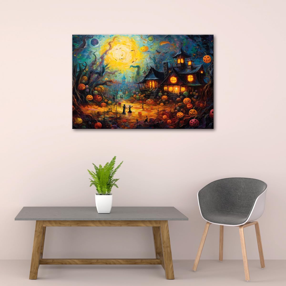 Impresiones en lienzo de noche de Halloween, arte de pared e imágenes espeluznantes de 12 x 18 pulgadas enmarcadas
