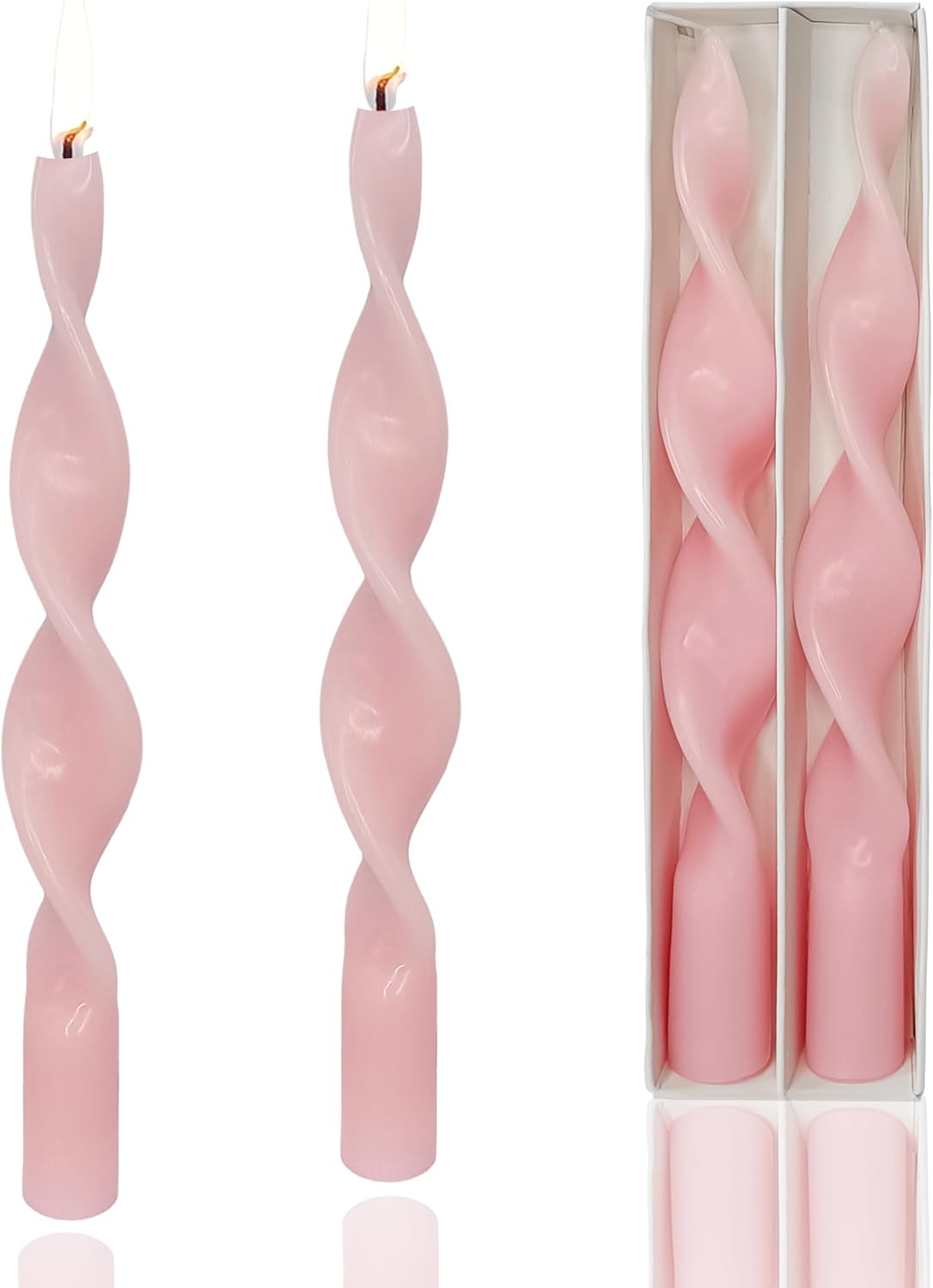 Velas en espiral, color rosa, sin perfume, 2 velas hechas a mano, velas de boda de 10 pulgadas para proponer San Valentín, cena, hogar, relajación y