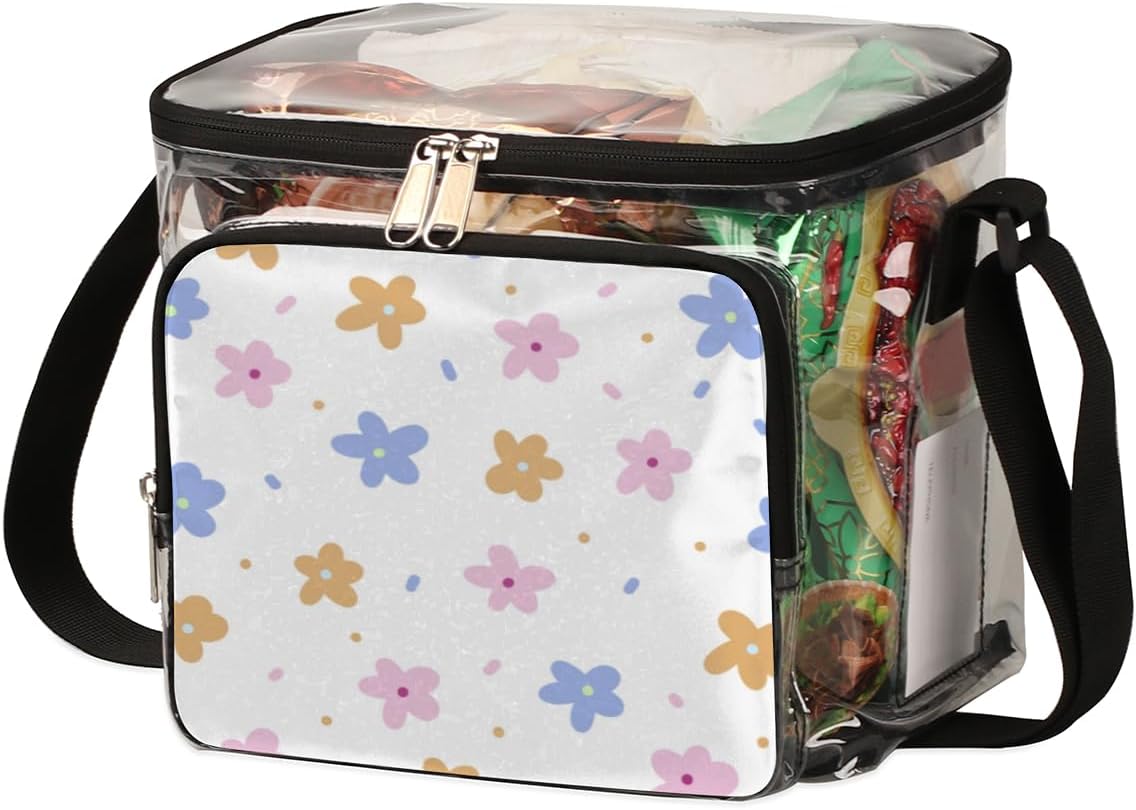 Bolsas de almuerzo transparentes con confeti floral para el trabajo, lonchera de plástico transparente con correa ajustable y compartimento frontal