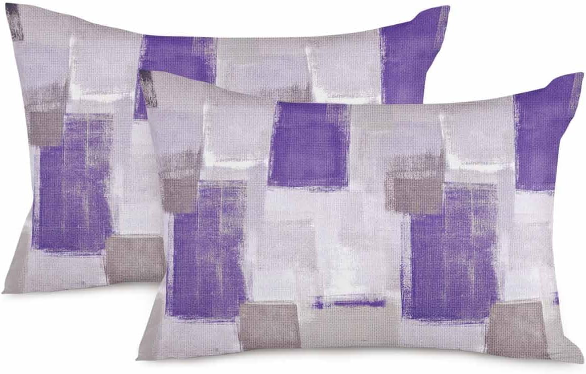 Juego de 2 fundas de almohada lumbar, diseño abstracto, morado, marrón, gris, pintura geométrica, graffiti, algodón y lino, para sofá, sala de