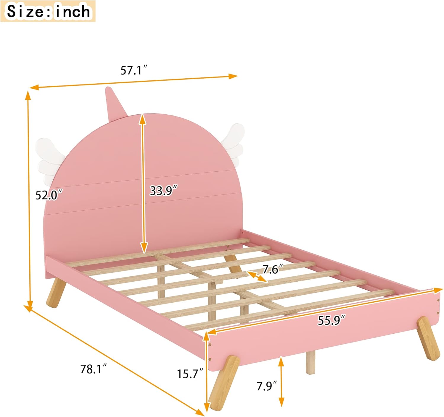 Cama de plataforma de tamaño matrimonial con cabecera en forma de unicornio, marco de cama de madera con soportes de listones, cama de tamaño